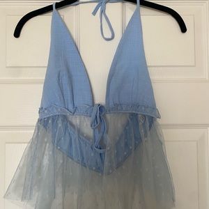 Baby blue halter top with polka dot lace bottom